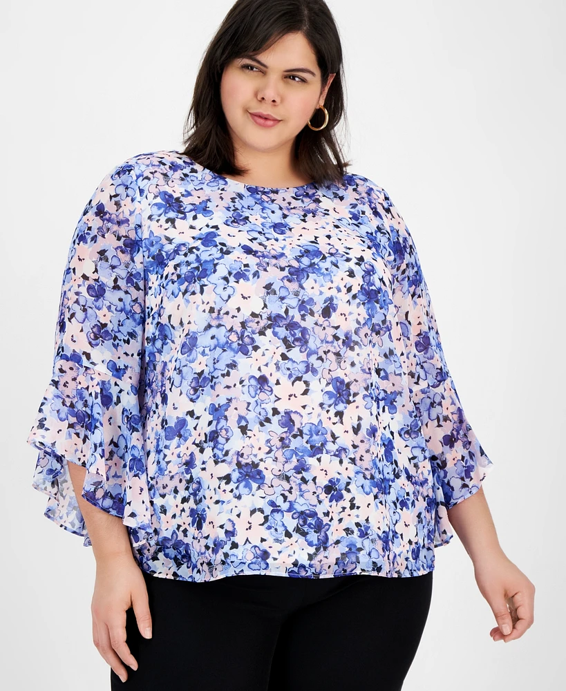 Kasper Plus Floral-Print Ruffled Blouse