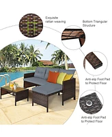 Sugift 3 Pieces Outdoor Patio Corner Rattan Sofa Set-Grey