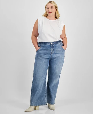 Bar Iii Trendy Plus High-Rise Wide-Leg Light-Wash Jeans, Exclusively at Macy's