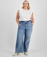 Bar Iii Trendy Plus High-Rise Wide-Leg Light-Wash Jeans, Exclusively at Macy's