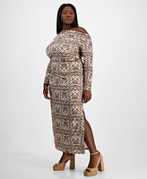 Bar Iii Trendy Plus Printed Knit Crepe Side-Slit Skirt, Exclusively at Macy's