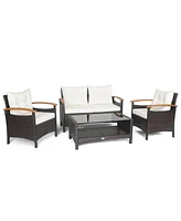 Sugift 4 Pieces Patio Rattan Furniture Set with Cushioned Sofa and Storage Table