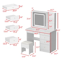 Famapy 5-Drawers White Makeup Vanity Sets Dressing Table Sets with Led Dimmable Mirror, Stool and 3-Tier Storage Shelves