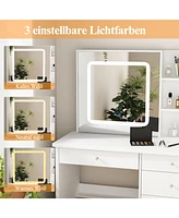 Famapy 5-Drawers White Makeup Vanity Sets Dressing Table Sets with Led Dimmable Mirror, Stool and 3-Tier Storage Shelves