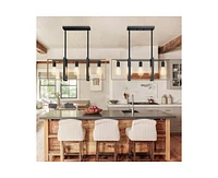 gaomon Kitchen Island Light Fixture Over Table, Farmhouse Chandeliers for Dining Room, 5-Light Adjustable Dining Room Light Fixtures, Rattan+Metal Pen