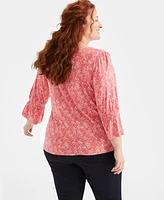 Style & Co Plus Printed Smocked-Trim 3/4-Sleeve Top, Exclusively at Macy's