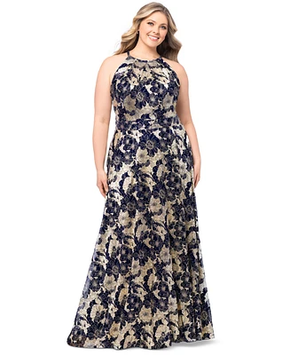 Betsy & Adam Plus Size Floral Foil Print Halter-Neck Gown