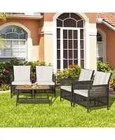 5 Pieces Patio Rattan Furniture Set Cushioned Sofa Armrest with Wooden Tabletop