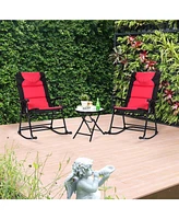 Sugift 3 Pieces Outdoor Folding Rocking Chair Table Set with Cushion