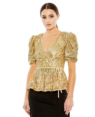 Mac Duggal Women's Sequined Puff Sleeve Faux Wrap Top