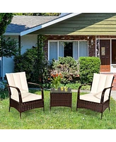 Sugift 3 Pieces Patio Rattan Conversation Set with Glass Top Coffee Table and Cushions