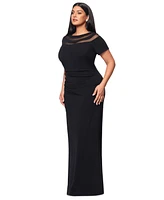 Xscape Plus Illusion Boat-Neck Short-Sleeve Gown