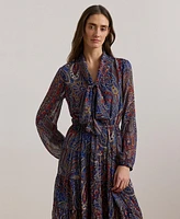 Lauren Ralph Women's Paisley Chiffon Tiered Tie-Neck Dress