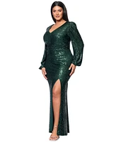 Xscape Plus Sequin Long-Sleeve Side-Slit Gown