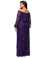 Xscape Plus Sequin Off-The-Shoulder Side-Slit Gown