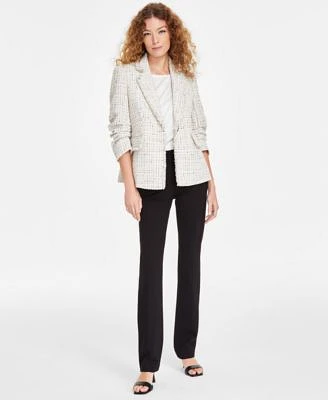 Anne Klein Womens Tweed Fringe Scrunch Sleeve Blazer Flare Leg Compression Pants Regular Petite