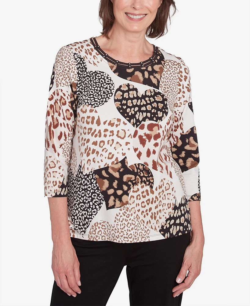 Alfred Dunner Petite Animal Hearts Print Top