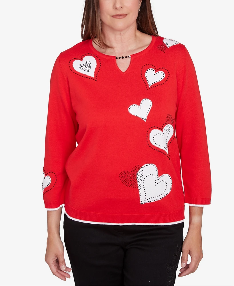 Alfred Dunner Petite Stitched Hearts Beaded Neckline Sweater