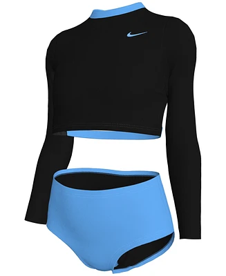 Nike Big Girls Long-Sleeve Crop Top & High-Waist Swim Bottom Swimsuit, 2 Piece Set