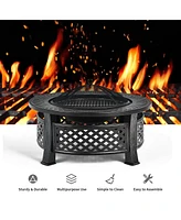 32'' Round Fire Pit Set W/ Rain Cover Bbq Grill Log Grate Poker