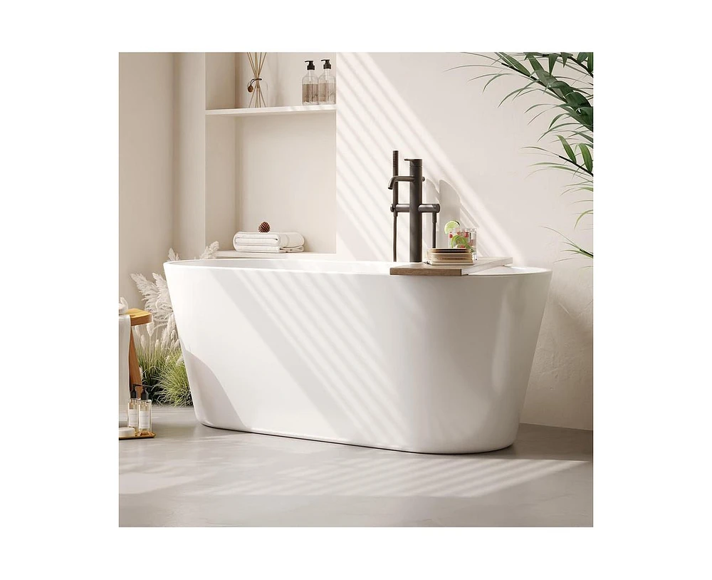 gaomon 59" Freestanding Bathtub, White Acrylic Streamline Stand Alone Soaking Bath Tubs for Adult with Overflow and Drain in Chrome, Perfect for Your