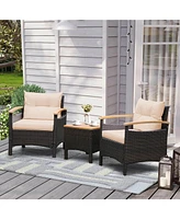 Costway 3PCS Patio Rattan Furniture Set Wooden Armrest Table Top Cushioned Deck