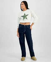 Planet Heart Juniors' Bubble Hem Varsity Crewneck Sweatshirt