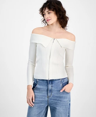 Bar Iii Women's Off-The-Shoulder Zippered Long-Sleeve Top, Exclusively at Macy's