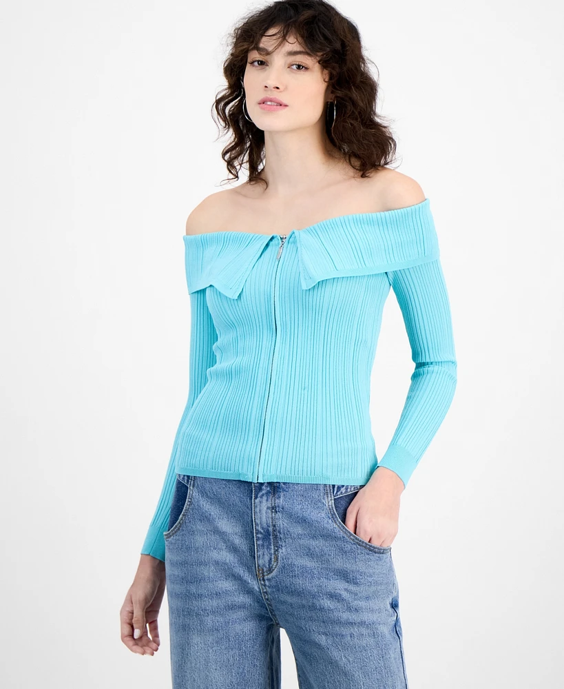 Bar Iii Women's Off-The-Shoulder Zippered Long-Sleeve Top, Exclusively at Macy's