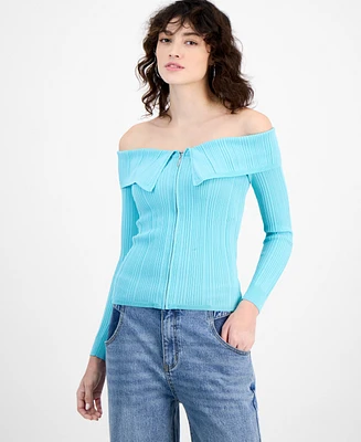 Bar Iii Women's Off-The-Shoulder Zippered Long-Sleeve Top, Exclusively at Macy's