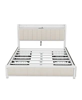 Streamdale Furniture Queen Bed Frame with Led Headboard, Upholstered Bed with 4 Storage Drawers and Usb Ports