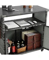 Versatile Outdoor Wicker Bar Cart with Wheels and Glass Tabletop