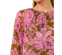 CeCe Women's Long-Sleeve Smocked-Cuff Floral-Print Top