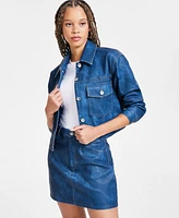 Bar Iii Women's Denim-Finish Faux-Leather Trucker Jacket, Exclusively at Macy's