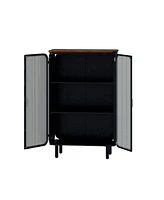 Slickblue 28.35" Modern Two-Door Glass Cabinet with Three-Tier Storage, Unique Fir Top for Entryway & Living Room