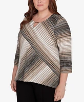 Alfred Dunner Plus Romancing the Stone Neutral Spliced Textured Stripe Top