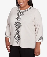 Alfred Dunner Plus Romancing the Stone Center Embroidered Medallion Textured Top