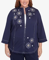 Alfred Dunner Plus Block Island Embroidered Daisy French Terry Jacket