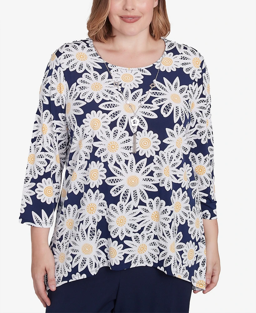 Alfred Dunner Plus Block Island Daisy Puff Print Top with Necklace