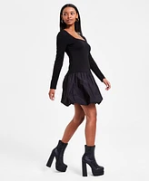 Bar Iii Women's Mixed Media Long-Sleeve Bubble-Hem Dress, Exclusively at Macy's