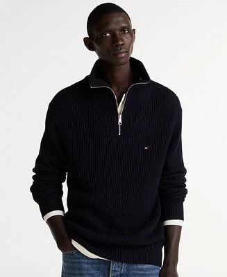 Men's Nautical Chunky Ribbed Quarter-Zip Sweater