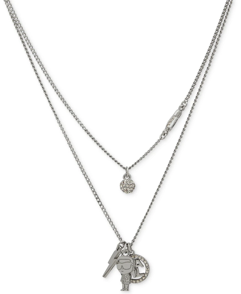 Karl Lagerfeld Paris Silver-Tone Pave Disc and Triple Charm Layered Necklace, 16" + 3" extender