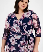 Connected Plus 3/4-Sleeve Ruffle-Trimmed Wrap Dress