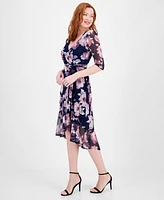 Connected Petites Floral-Print Ruffled 3/4-Sleeve Dress