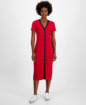 Tommy Hilfiger Women's V-Neck Button-Front Midi Dress