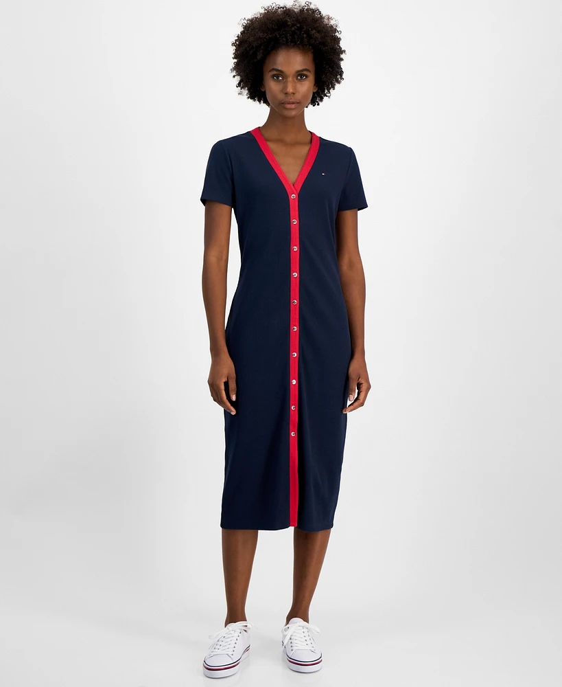 Tommy Hilfiger Women's V-Neck Button-Front Midi Dress