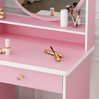 Famapy 5-Drawers Pink Makeup Vanity Dressing Table Set with Stool, Mirror and Storage Shelves Girls
