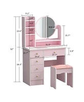 Famapy 5-Drawers Pink Makeup Vanity Dressing Table Set with Stool, Mirror and Storage Shelves Girls