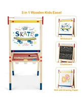 Gouun All-in-One Wooden Height Adjustable Kid's Art Easel with Magnetic Stickers and Paper