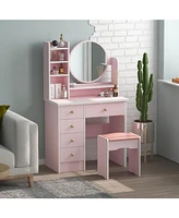 Famapy 5-Drawers Pink Makeup Vanity Dressing Table Set with Stool, Mirror and Storage Shelves Girls